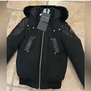 Men's Moose Knuckles Park Vista bomber jacket leather trim, and shearling small